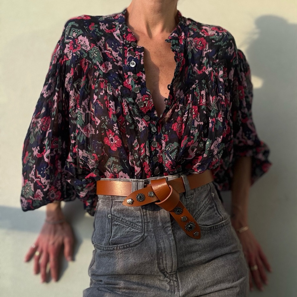 Isabel Marant Black Sheer Floral Button-Front Blouse with Pink and Green Accents